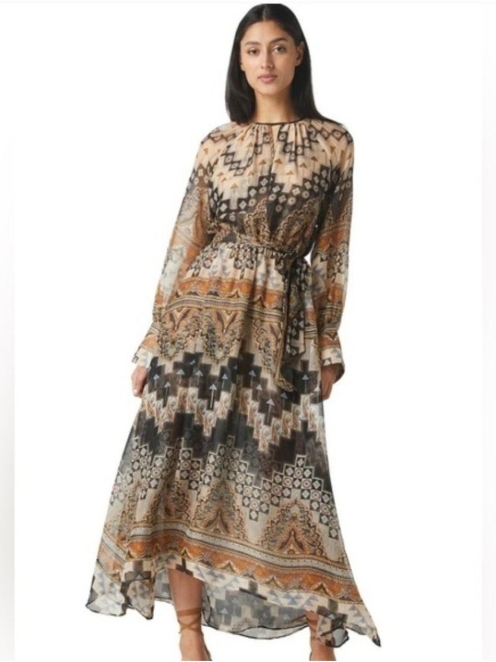 Misa Los Angeles Printed Long-Sleeve Maxi Dress in Tan and Black